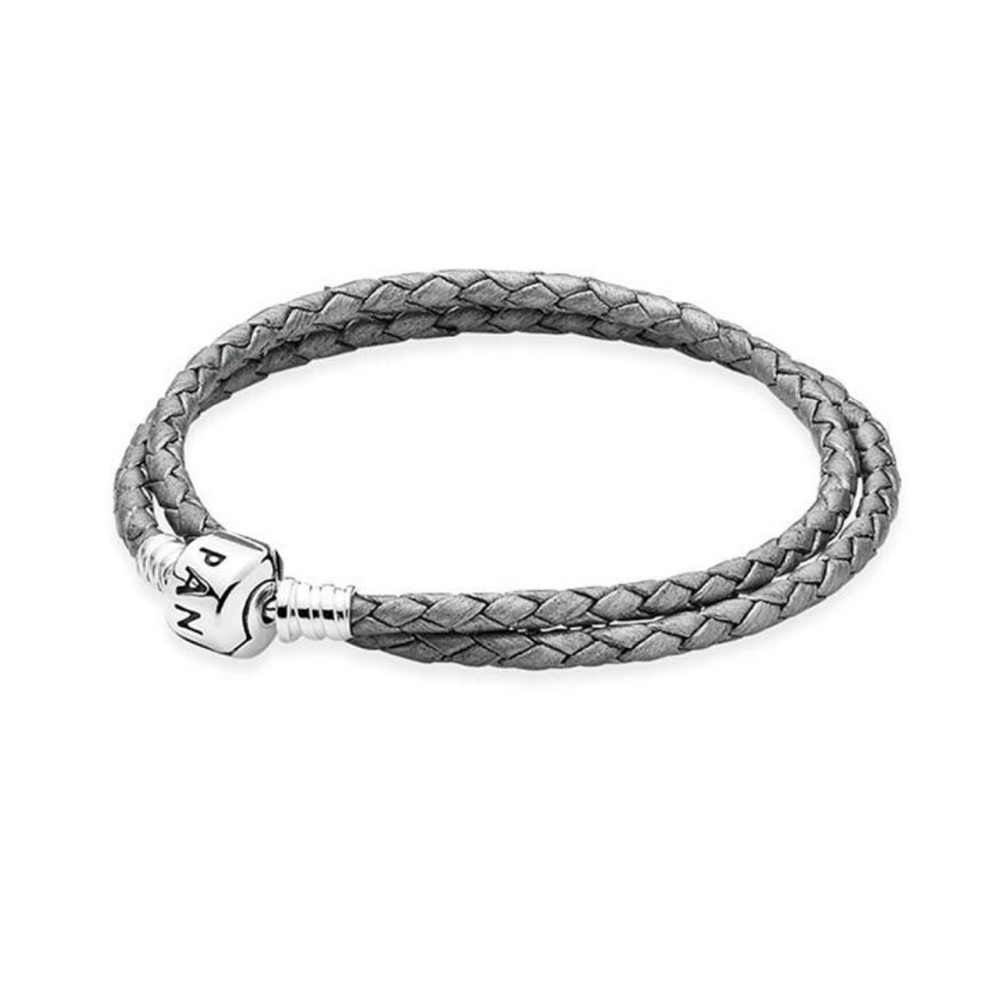 Genuine Retired PANDORA Grey Double Wrap Leather Bracelet; 13.25 inches long